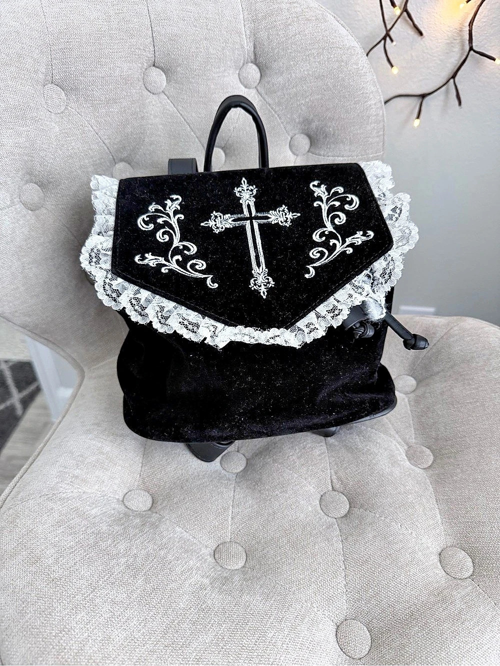 Dolls Kill widow Pretty & Gothic Velvet Backpack Black & White